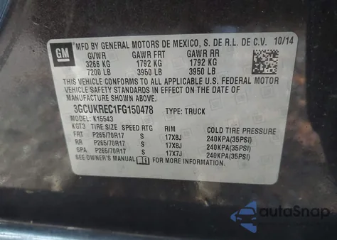 2015 Chevrolet Silverado 1500 1Lt z USA, uszkodzony, nr VIN 3GCUKREC1FG150478